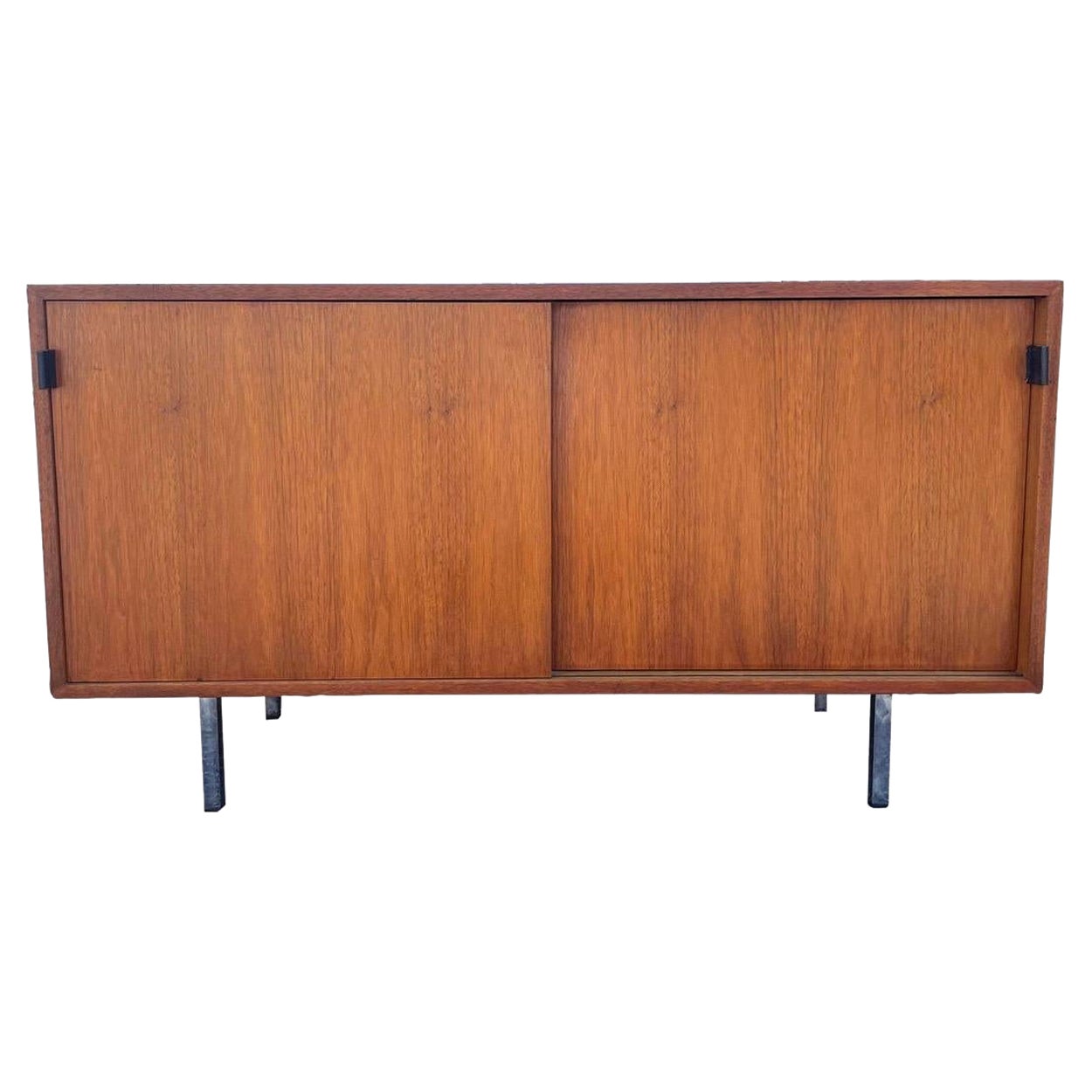 Vintage Florence Knoll Petite Walnut Leather Pull Cabinet For Sale