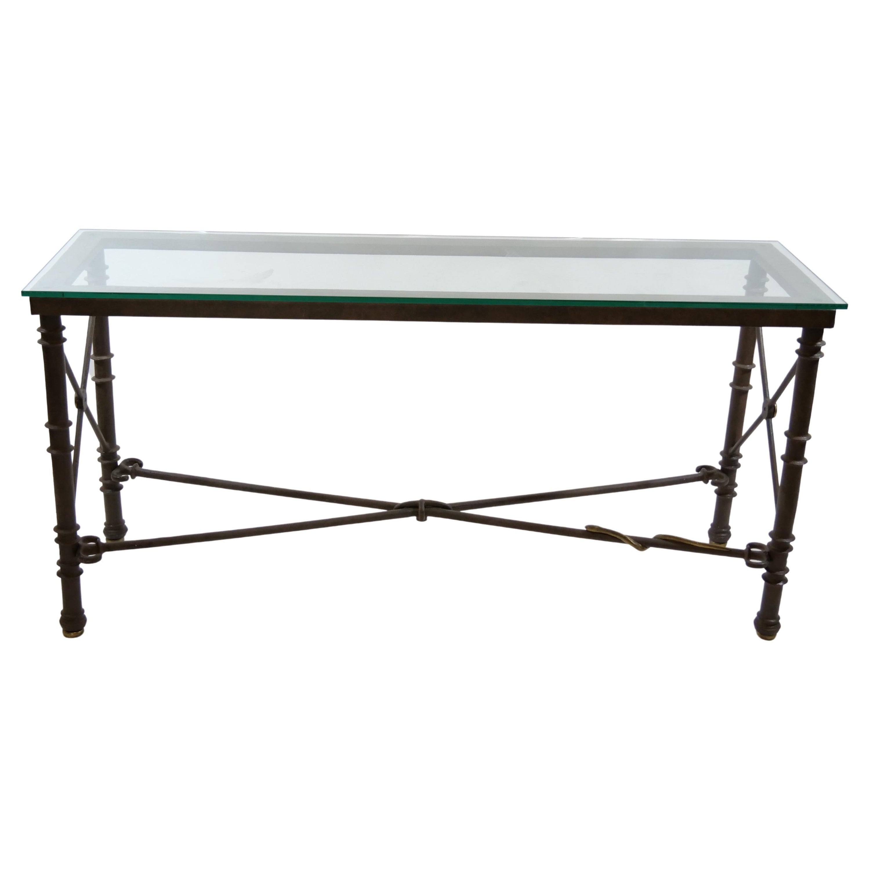 Table console du XIXe siècle en bronze et fer forgé/verre avec plateau en verre en vente