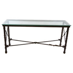 Table console du XIXe siècle en bronze et fer forgé/verre avec plateau en verre