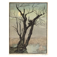Antique 1920s Mountains & Tree Evening Woodblock