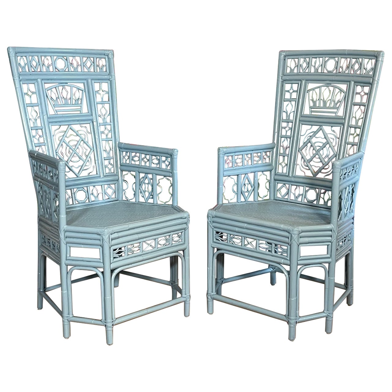 Rattan Brighton Pavilion Style High Back Arm Chairs, A Pair For Sale