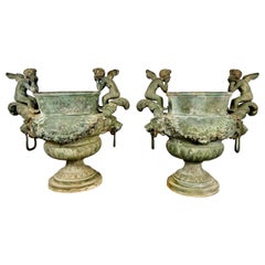 Antique Pair of French Bronze Cherub Planters