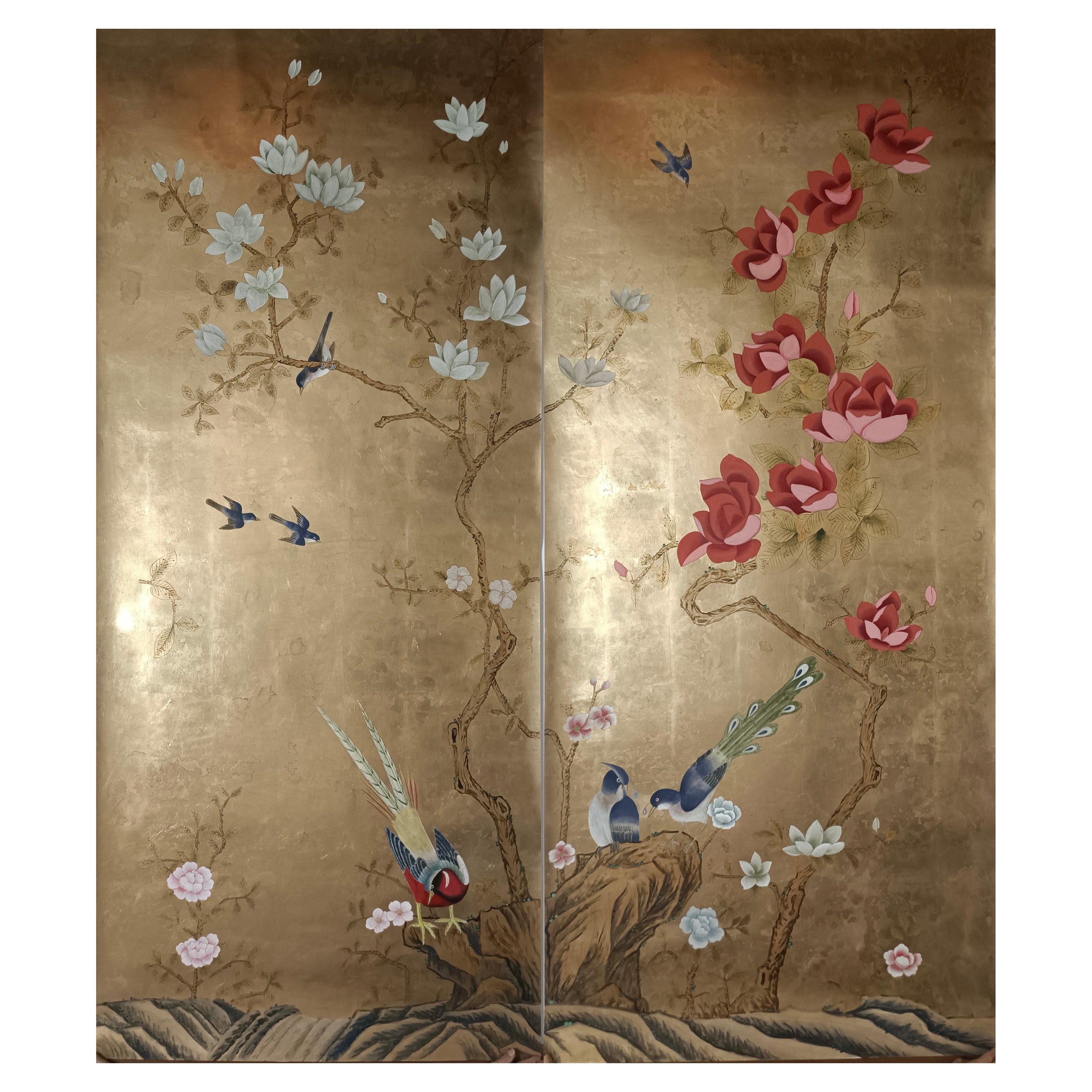 Chinoiserie Panels Hand Painted Wallpaper on Gold Metallic with Antiques For Sale