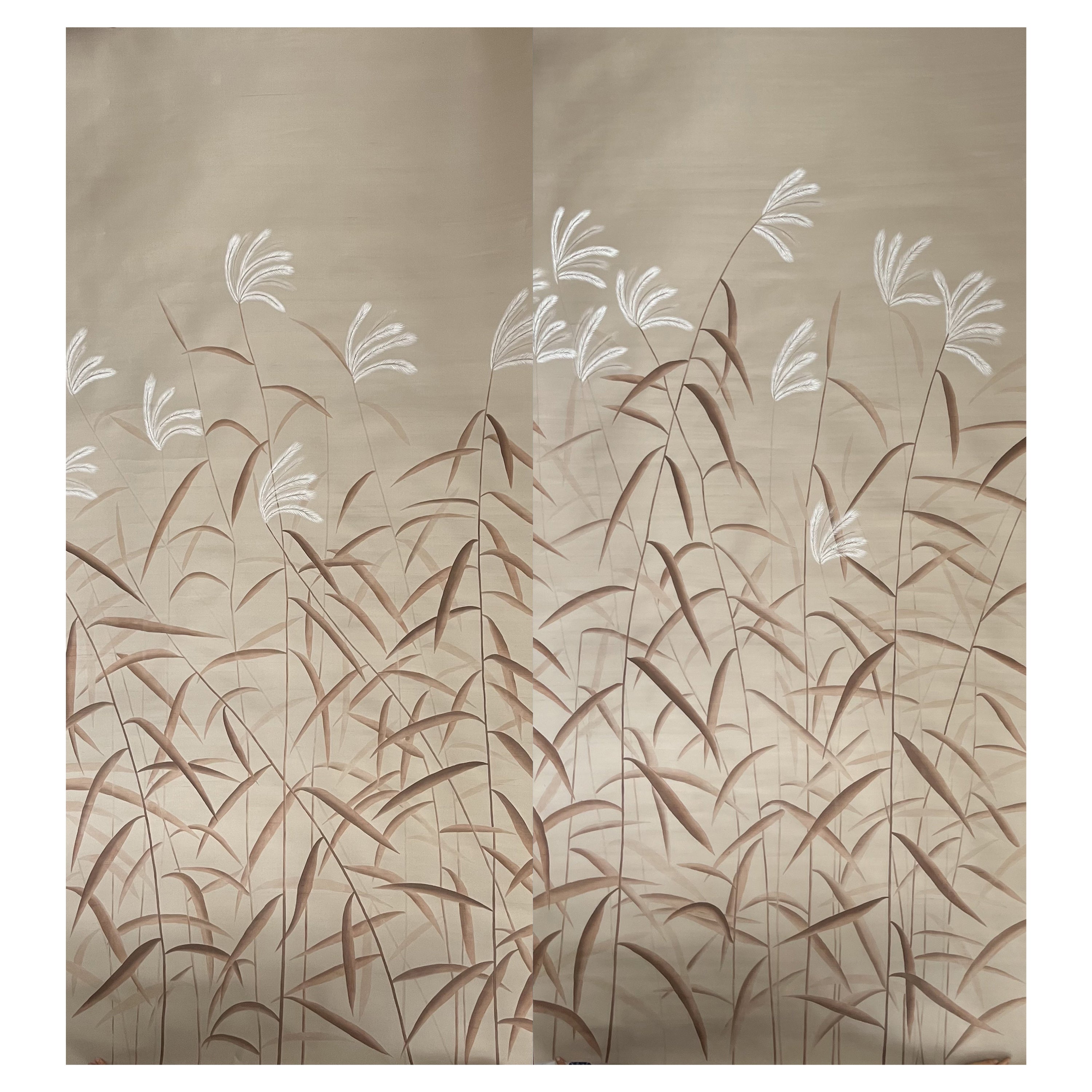 Reeds Wallpaper Hand Painted Wallpaper on slub silk For Sale