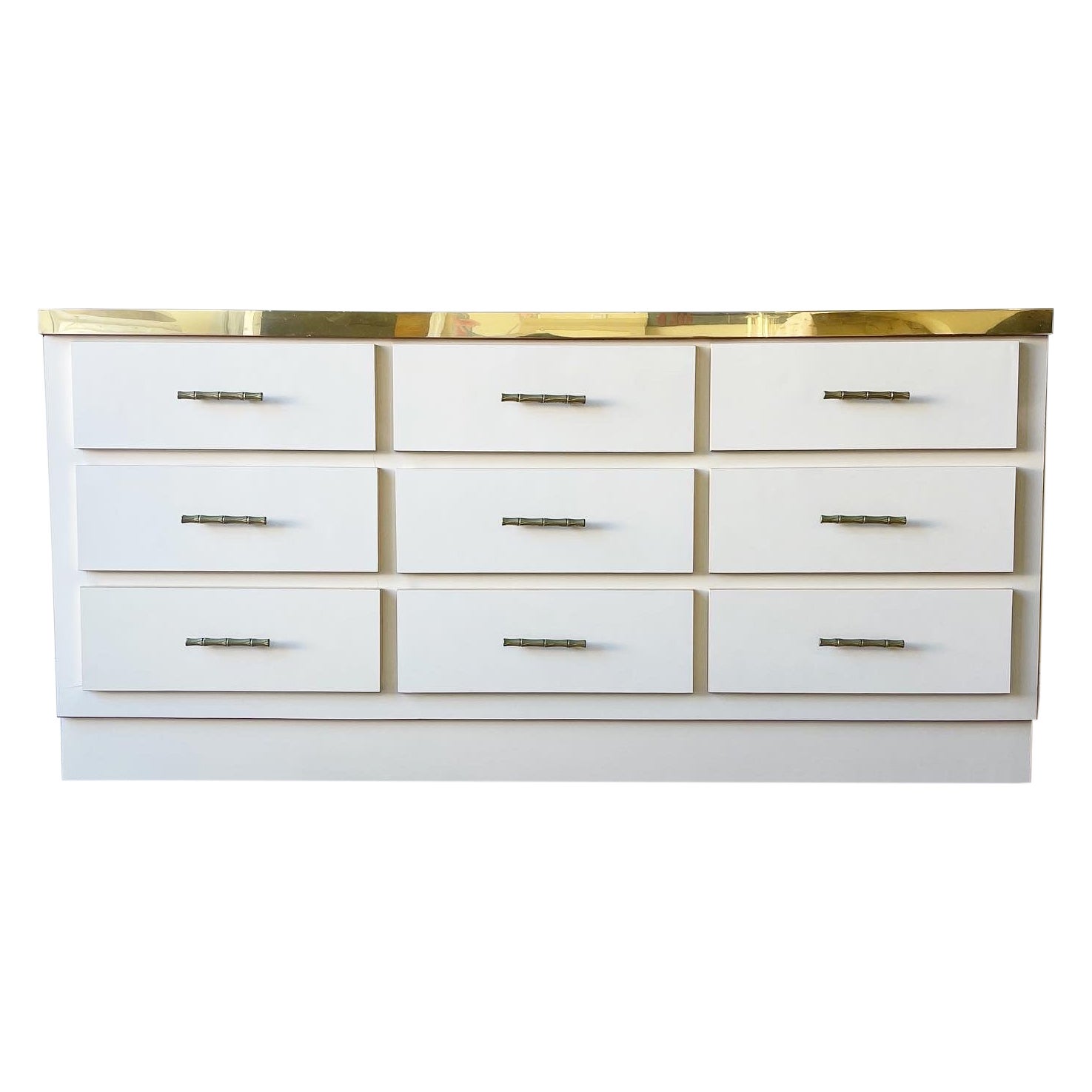 Postmodern Cream Lacquer Laminate Dresser with Faux Bamboo Brass Handles