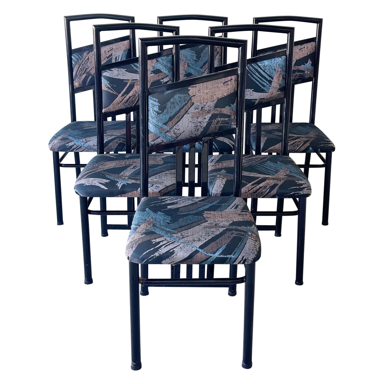 Set of 6 Vintage Black Lacquered Metal Dining Chairs, 1980