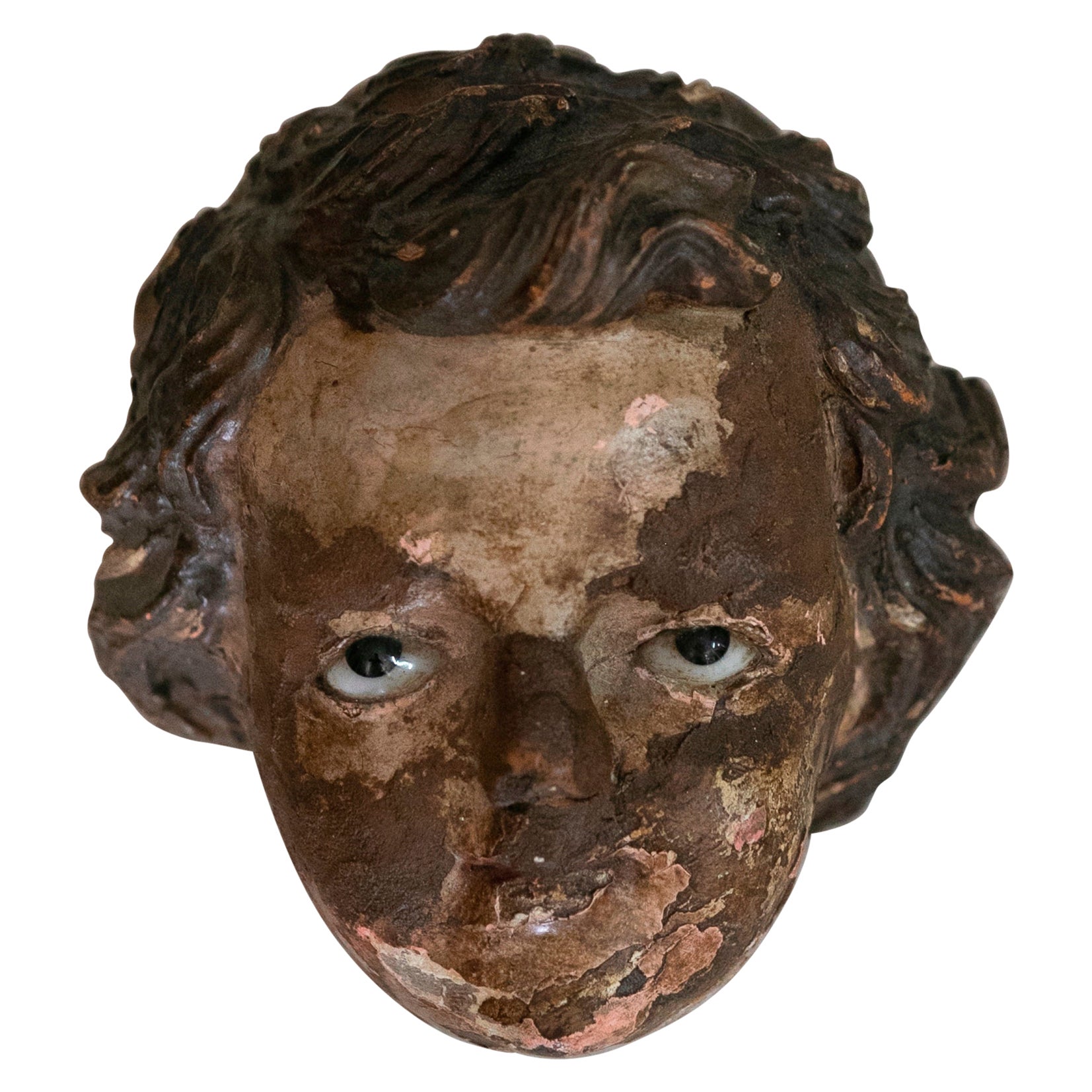 Cabeza de ángel de madera española del siglo XVIII con ojos de pasta vítrea