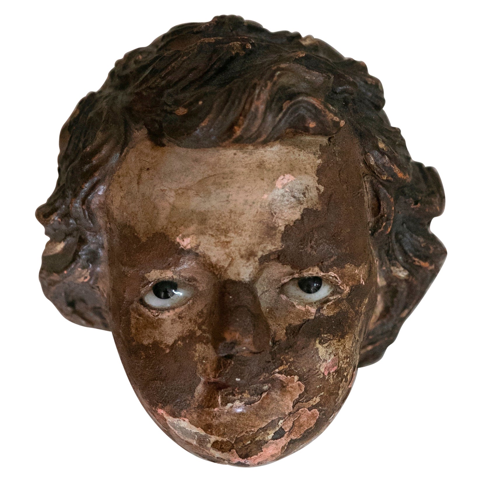 18th Century Spanish Wooden Angel's Head with Vitreous Paste Eyes For Sale