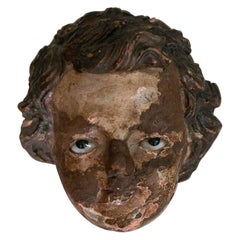 18th Century Spanish Wooden Angel's Head with Vitreous Paste Eyes