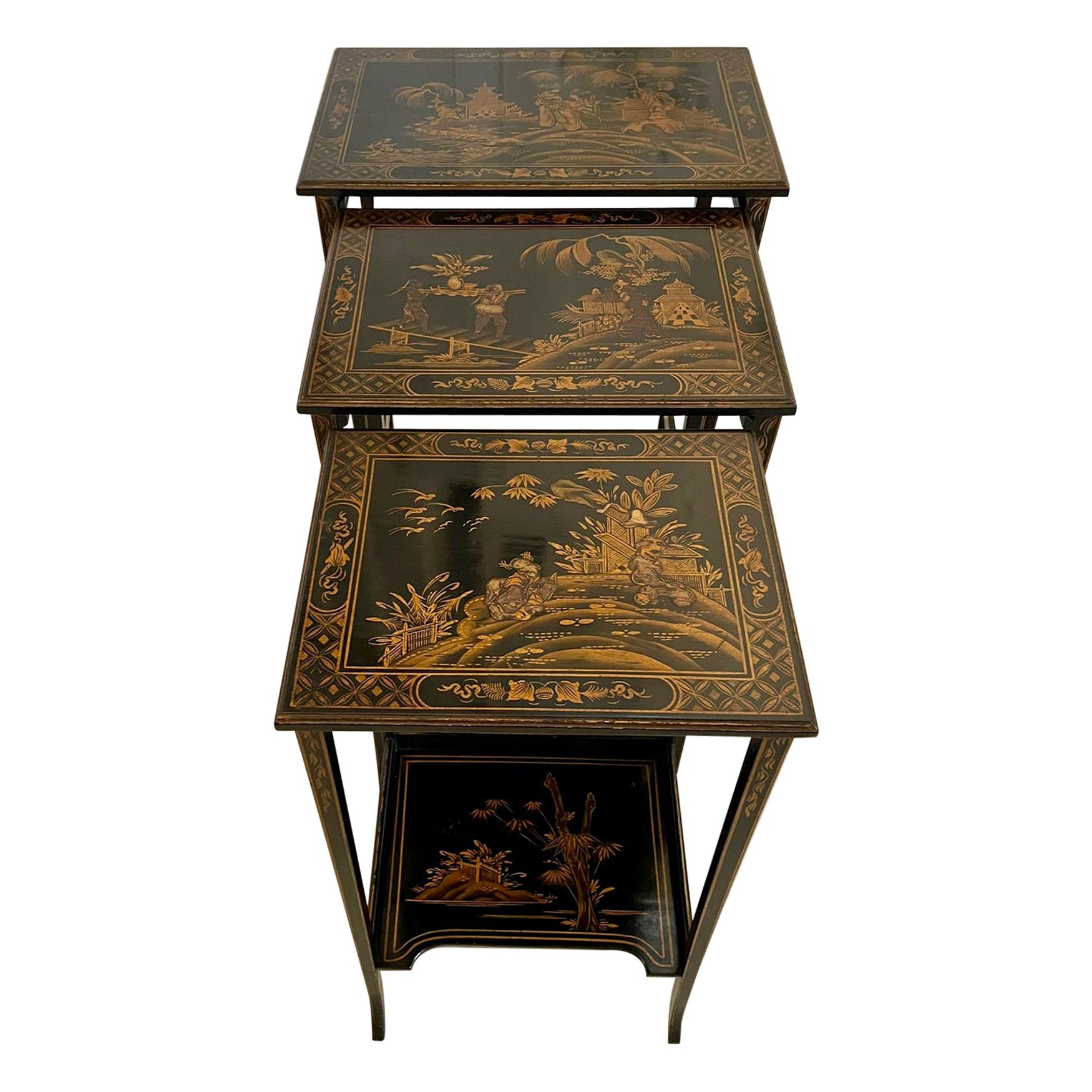 Antique Nest of 3 Quality Chinoiserie Decorated Tables For Sale