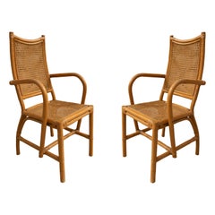 Pair of Spanish Bamboo Armchairs with Rattan Grid Seating and Backrest