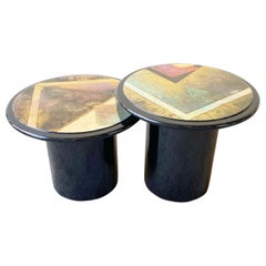 Set of 2 Postmodern Circular Black Lacquered and Painted Mushroom Side Tables