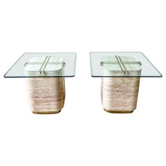 Pair of Postmodern Faux Travertine Laminate Glass Top Side Tables
