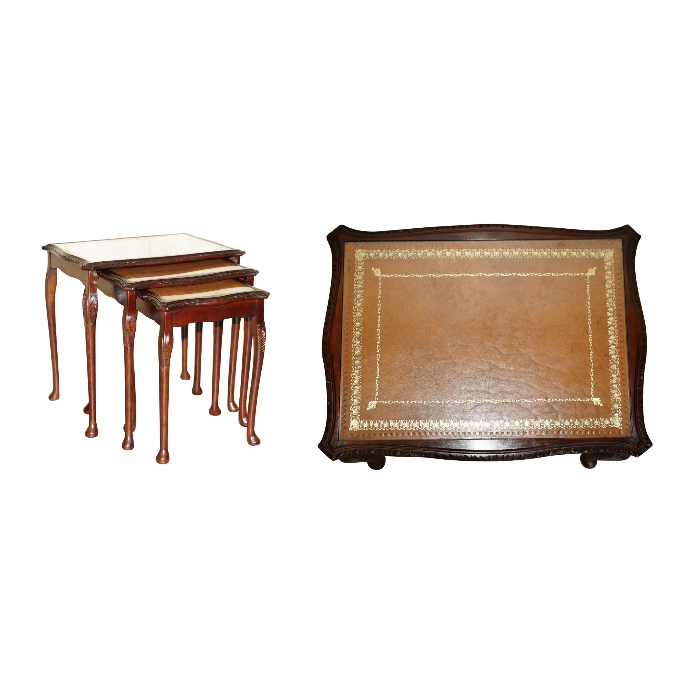 Vintage Nest of Three Gold Leaf Embossed Brown Leather Tops Side End Wine Tables For Sale