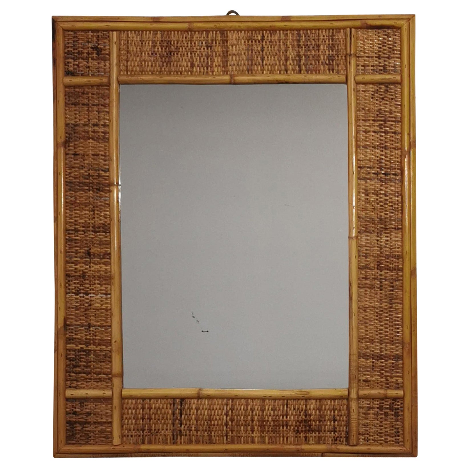Midcentury Wall Mirror Wicker Bamboo Rectangular Italian Design 1960s
