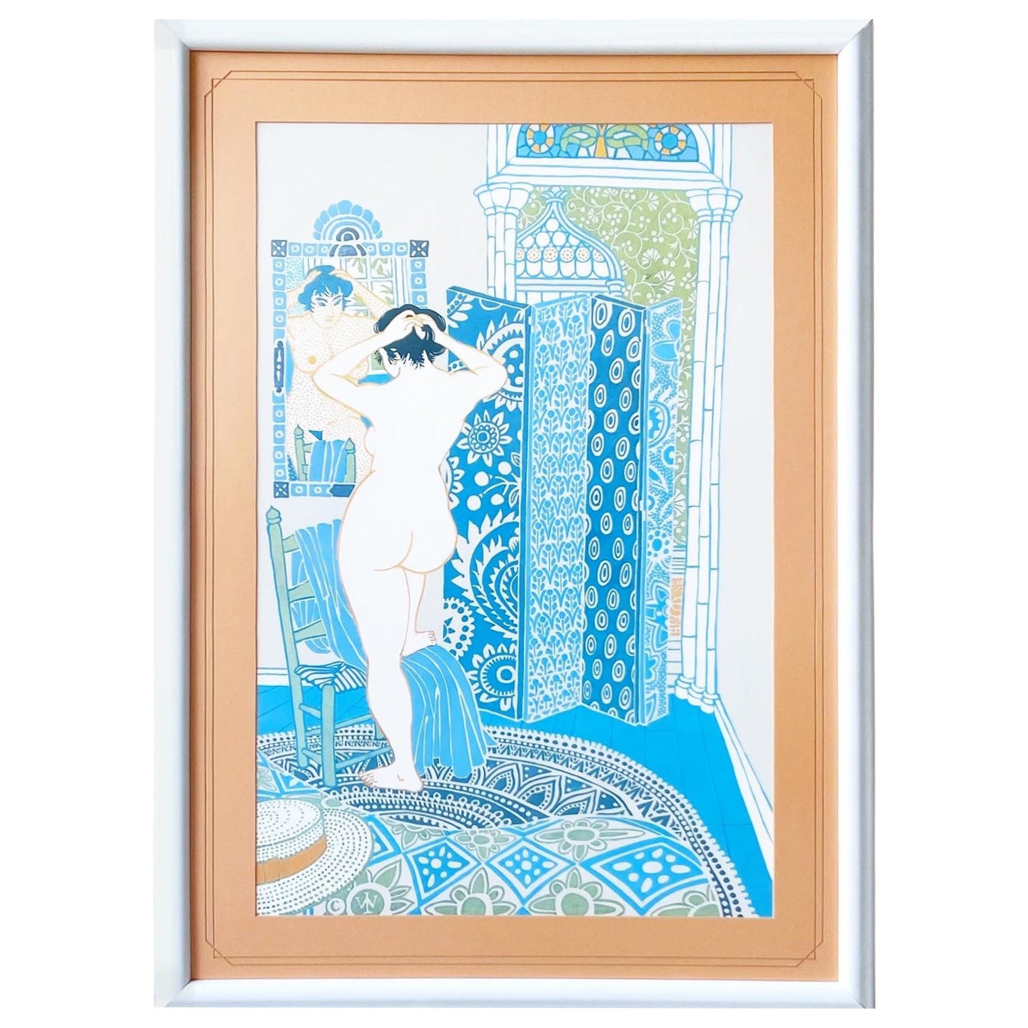 Woman in Shower Room, Framed Asian Art Print For Sale