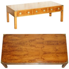 BRADLEY FURNITURE BURR YEW & ELM BRASS MiLITARY CAMPAIGN 3 DRAWER COFFEE TABLE