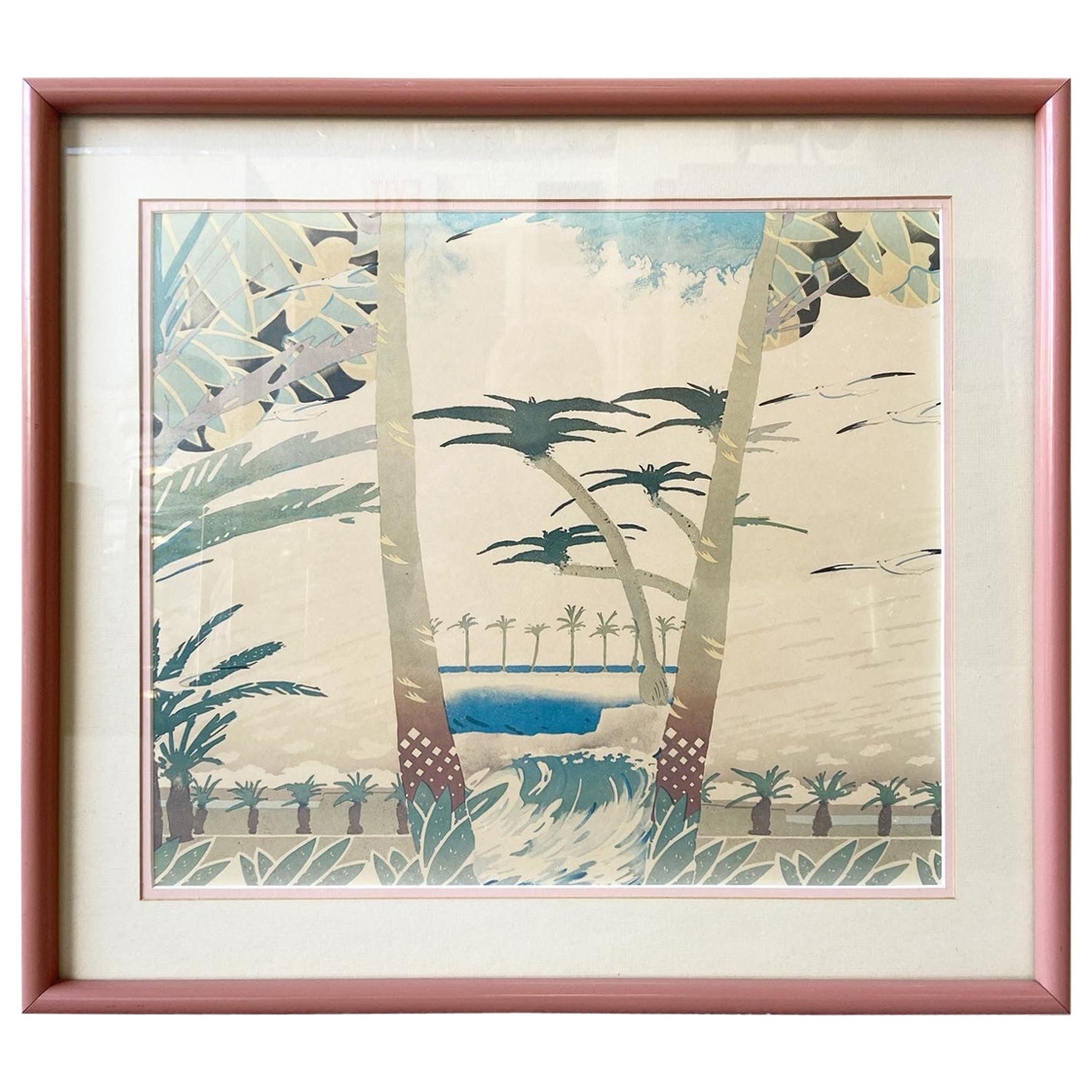 Waves & Palm Trees Art Print Framed in Pink