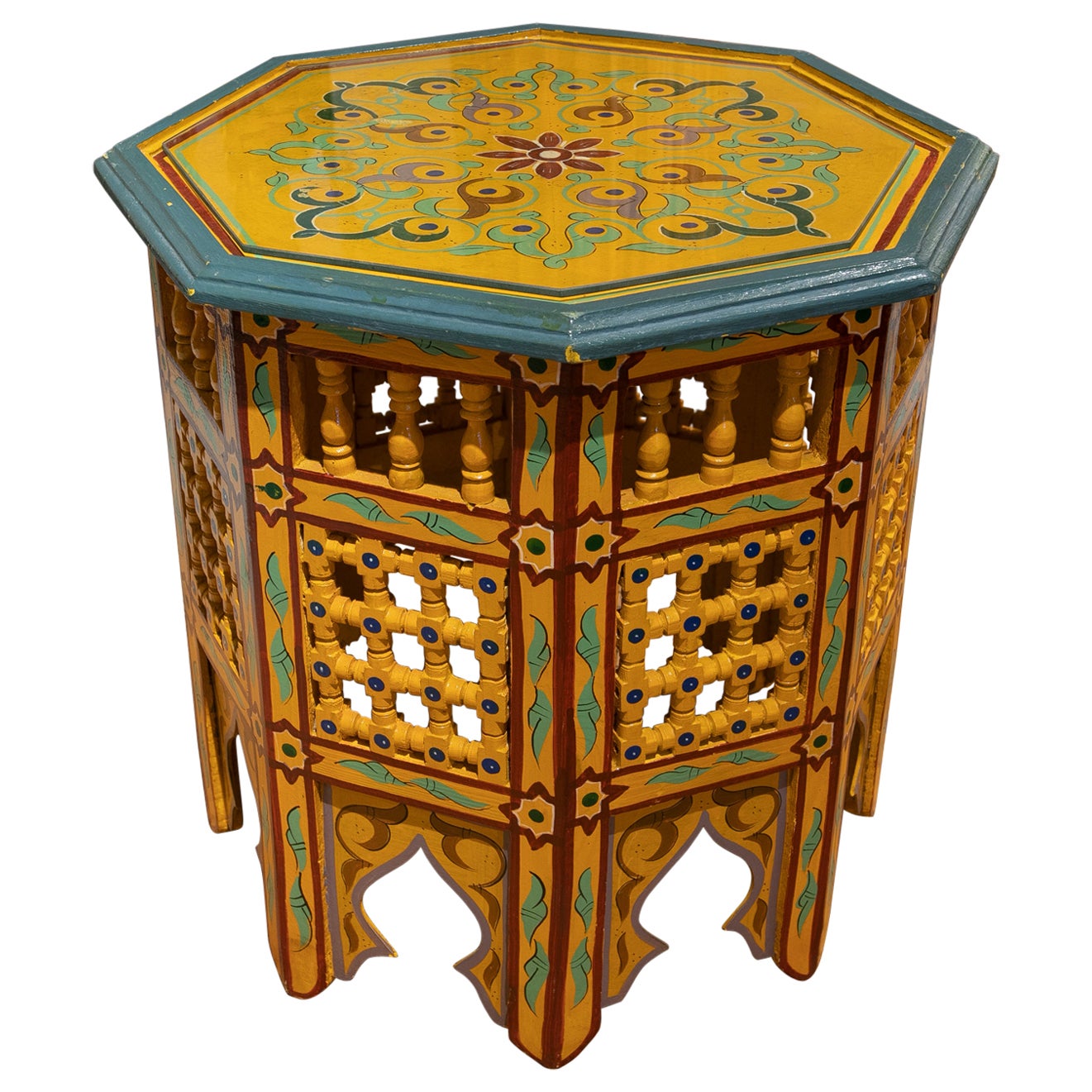 Octagonal wooden sidetable handpainted in yellow and green