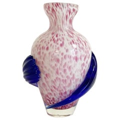 White and Pink Glass Vase with Blue Snaking Swirl
