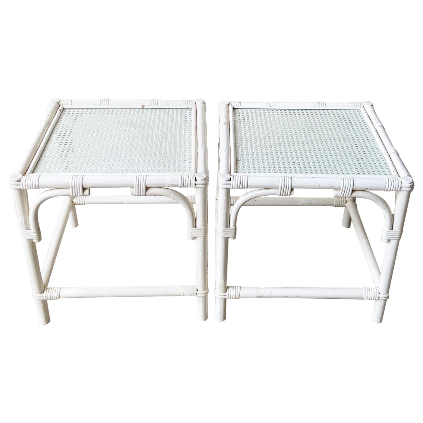 Pair of Boho Chic White Bamboo Rattan Side Tables with Cane and Glass Top