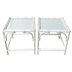 Pair of Boho Chic White Bamboo Rattan Side Tables with Cane and Glass Top
