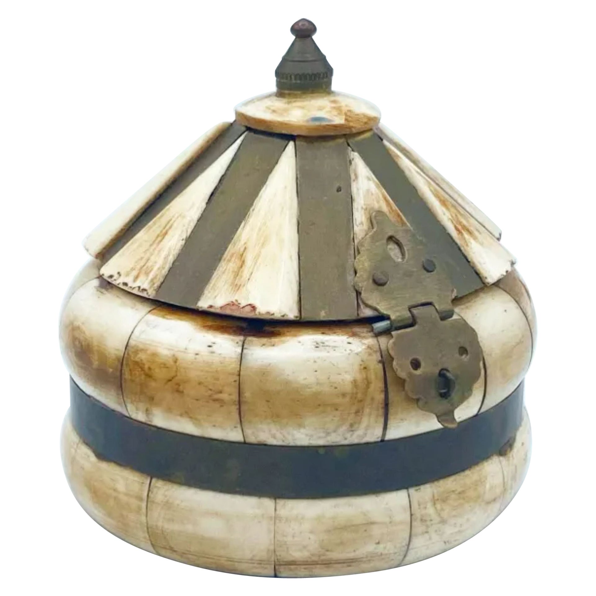 Ornate Bone, Brass & Wood Round Trinket Box