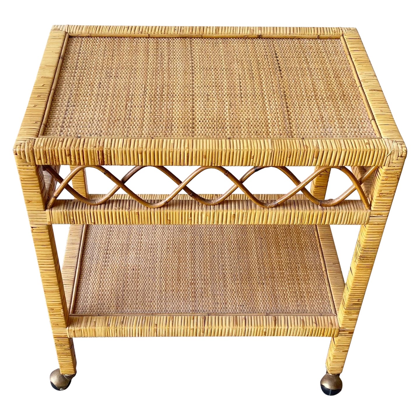 Boho Rattan and Wicker Side Table/Cart For Sale