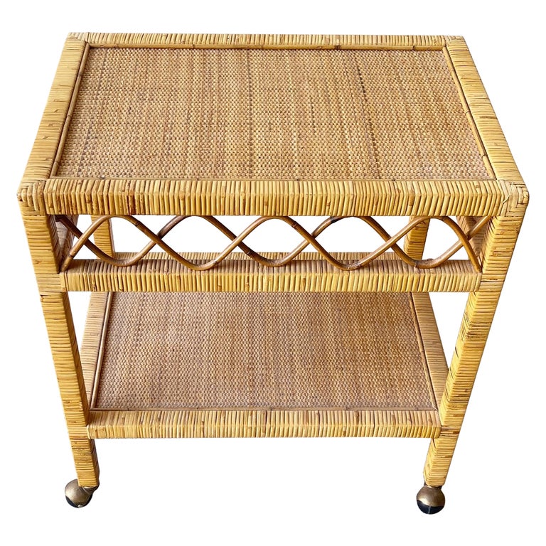Boho Rattan and Wicker Side Table/Cart For Sale at 1stDibs