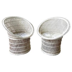 Boho Chic White Wicker and Rattan Pedestal Chairs