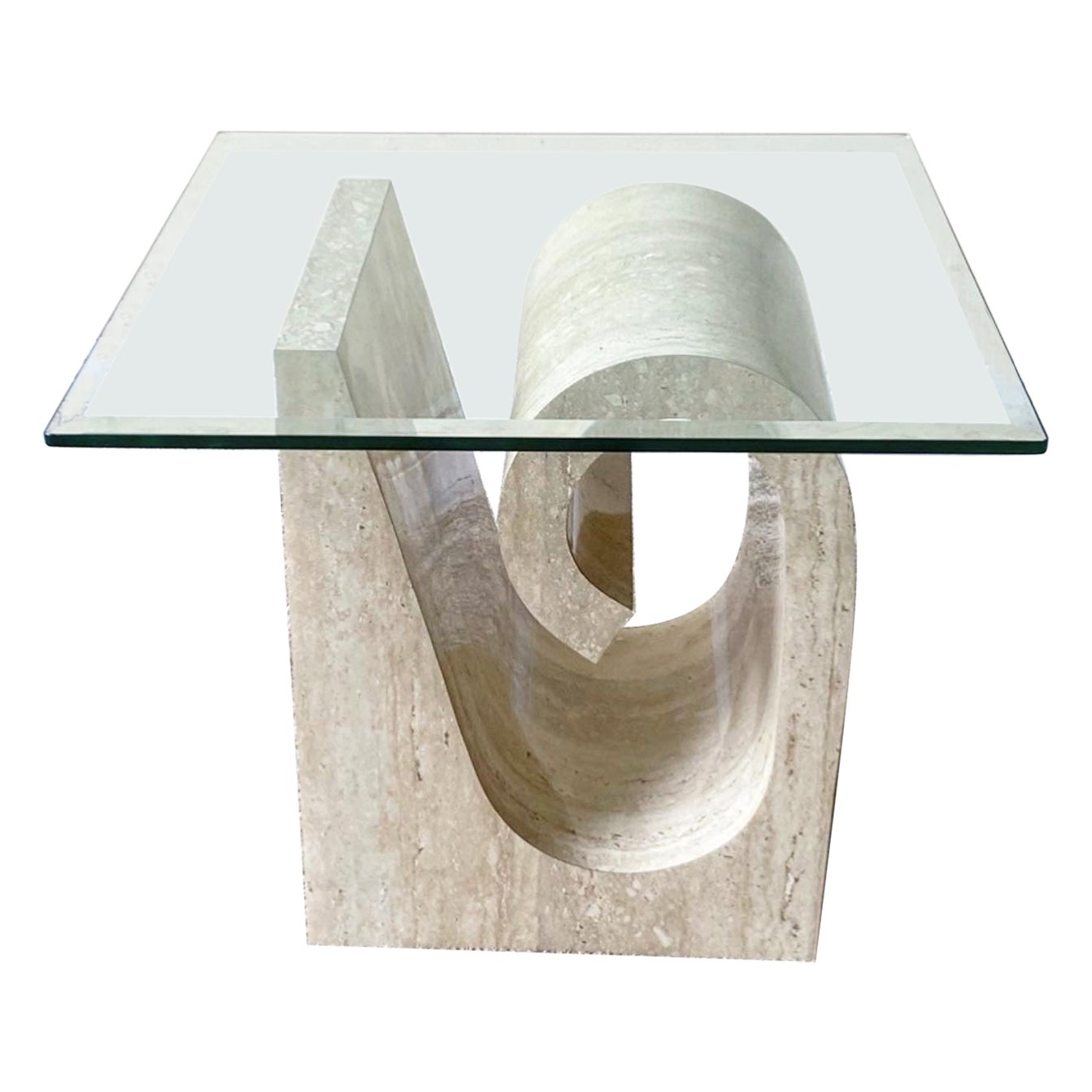 Postmodern Faux Travertine Laminate Sculpted Glass Top Side Table