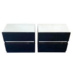 Pair of Vintage Italian Mirrored Top Black Lacquered Nightstands, 1980s