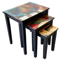 Set of 3 Art Deco Abstract Lacquered Nesting Tables, 1980