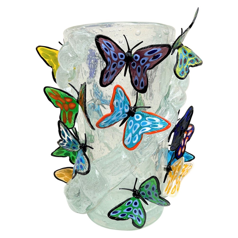 Costantini Diego Modern Crystal Pulegoso Made Murano Glass Vase with Butterflies For Sale