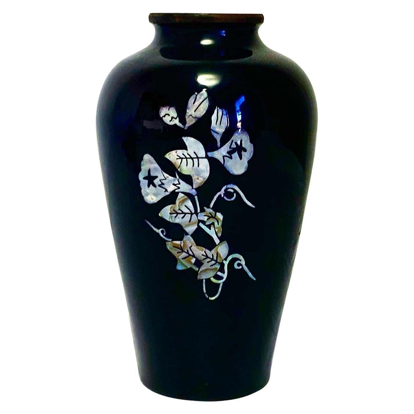 Asian Black Enamel Brass Vase with Mother of Pearl Flower Inlay
