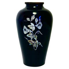 Vintage Asian Black Enamel Brass Vase with Mother of Pearl Flower Inlay