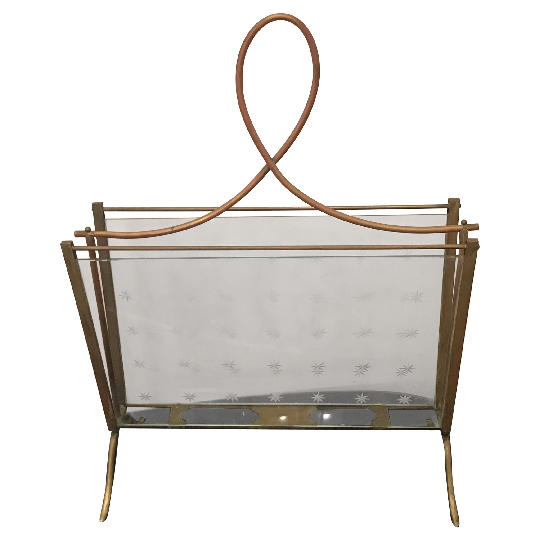 Cristal Art Magazine Holder Brass Glass, 1950, Italy