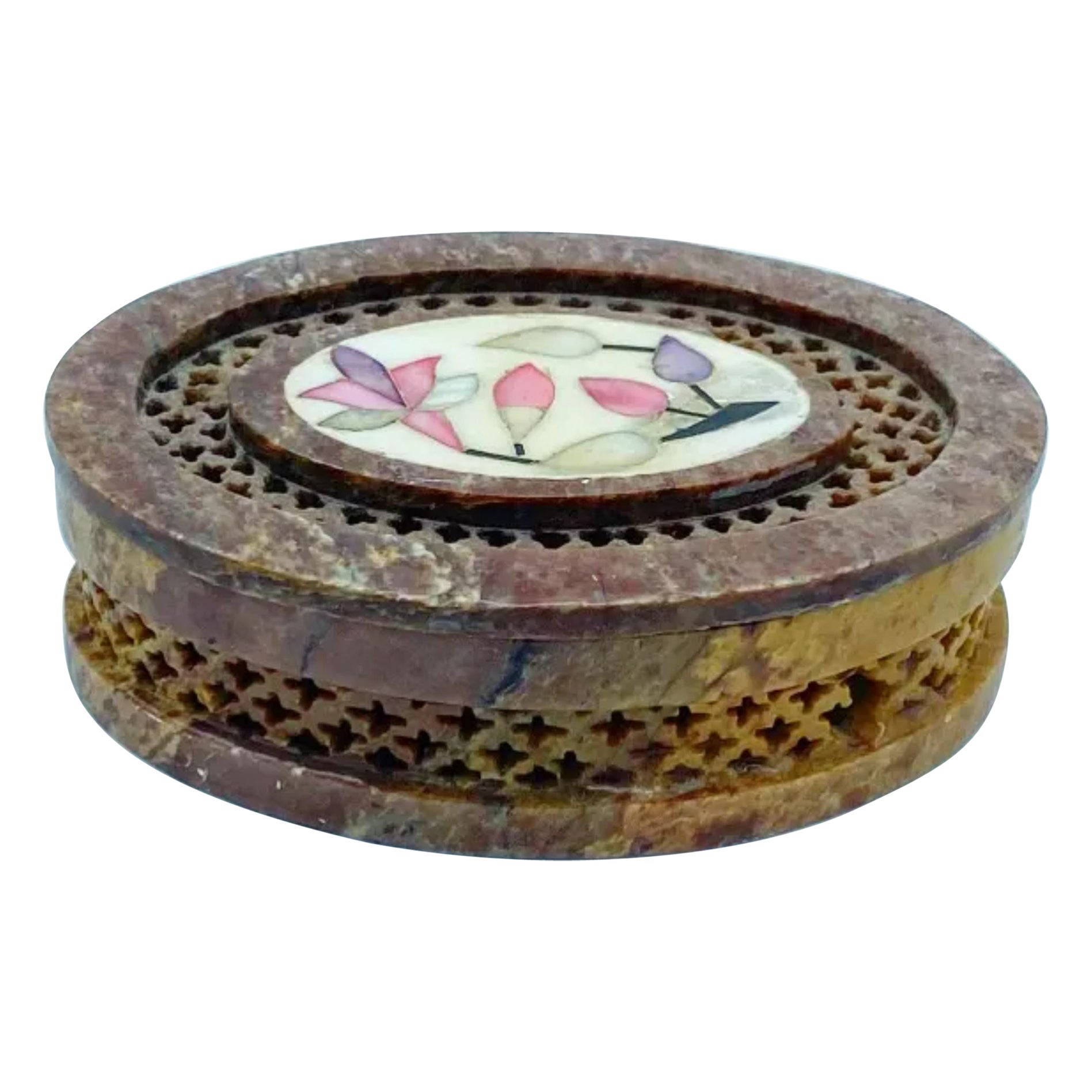 Handcrafted Natural Marble Trinket Box with Mother of Pearl Inlay For Sale  at 1stDibs