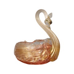 Archimede Seguso 1940s Swan-Shaped Murano Glass Bowl with Gold Dust Red Italian 