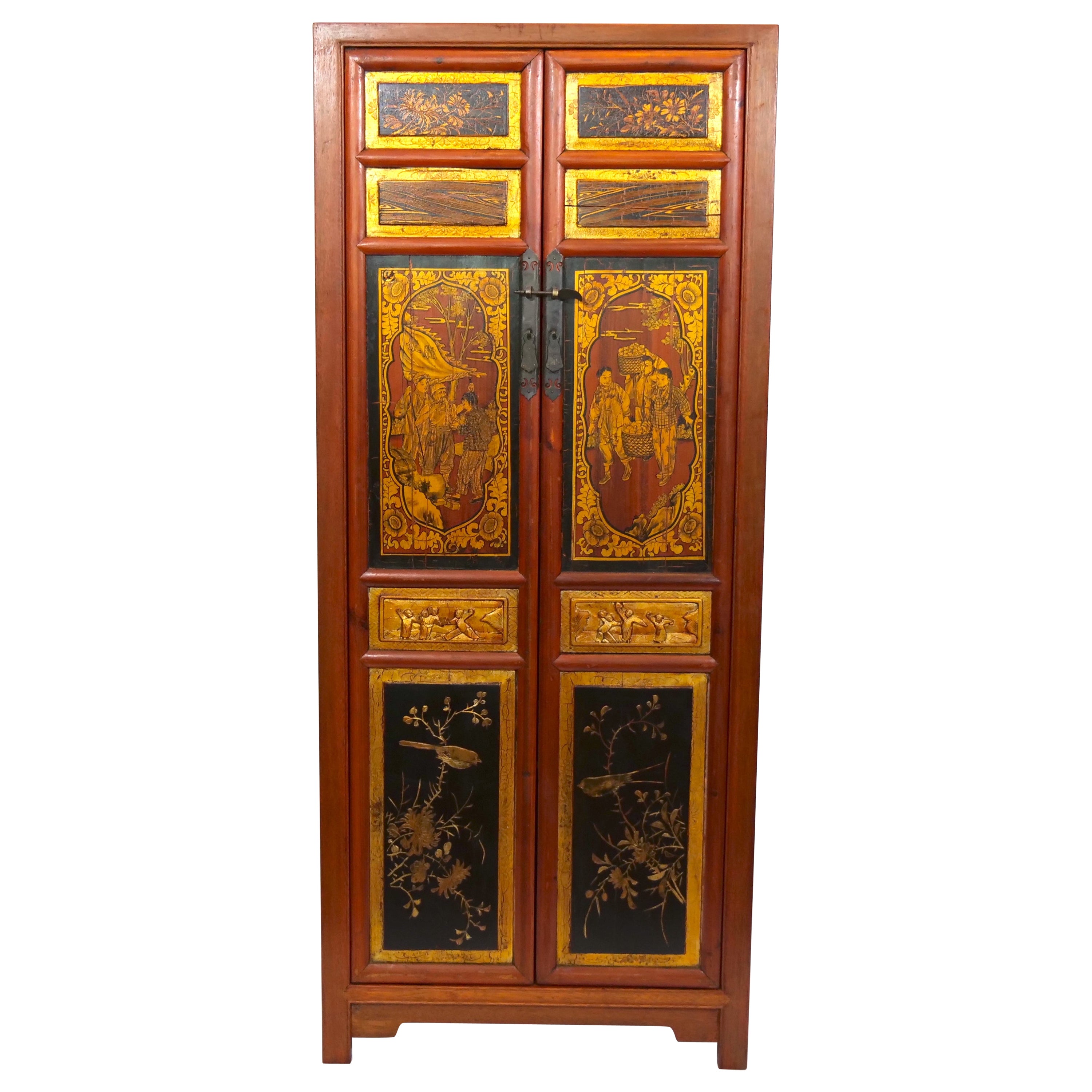 Handbemalter rot/vergoldeter Chinoiserie-Schrank aus Holz, Chinoiserie-Dekoriert