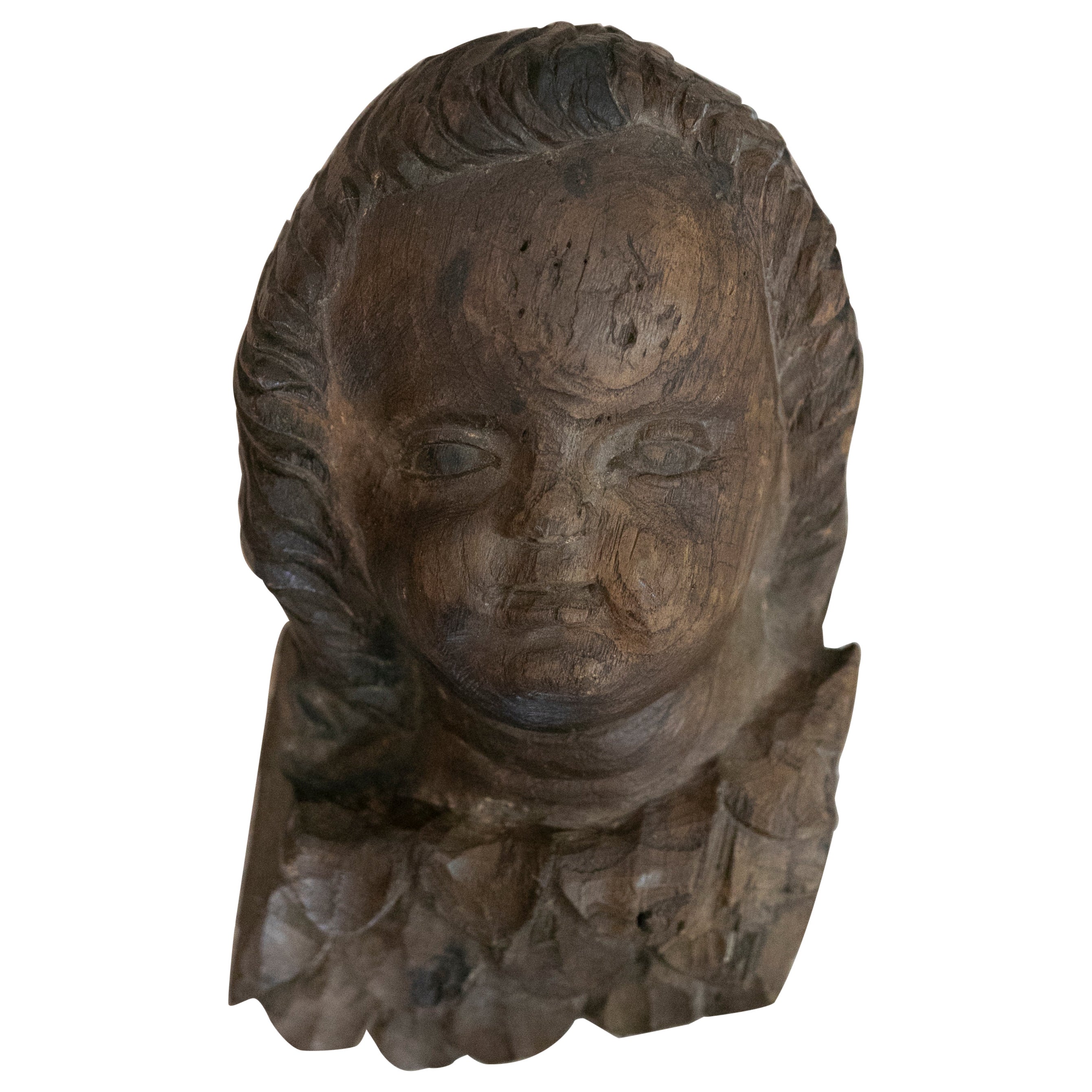 Sculpture de tête d'ange du 18ème siècle sculptée à la main en bois
