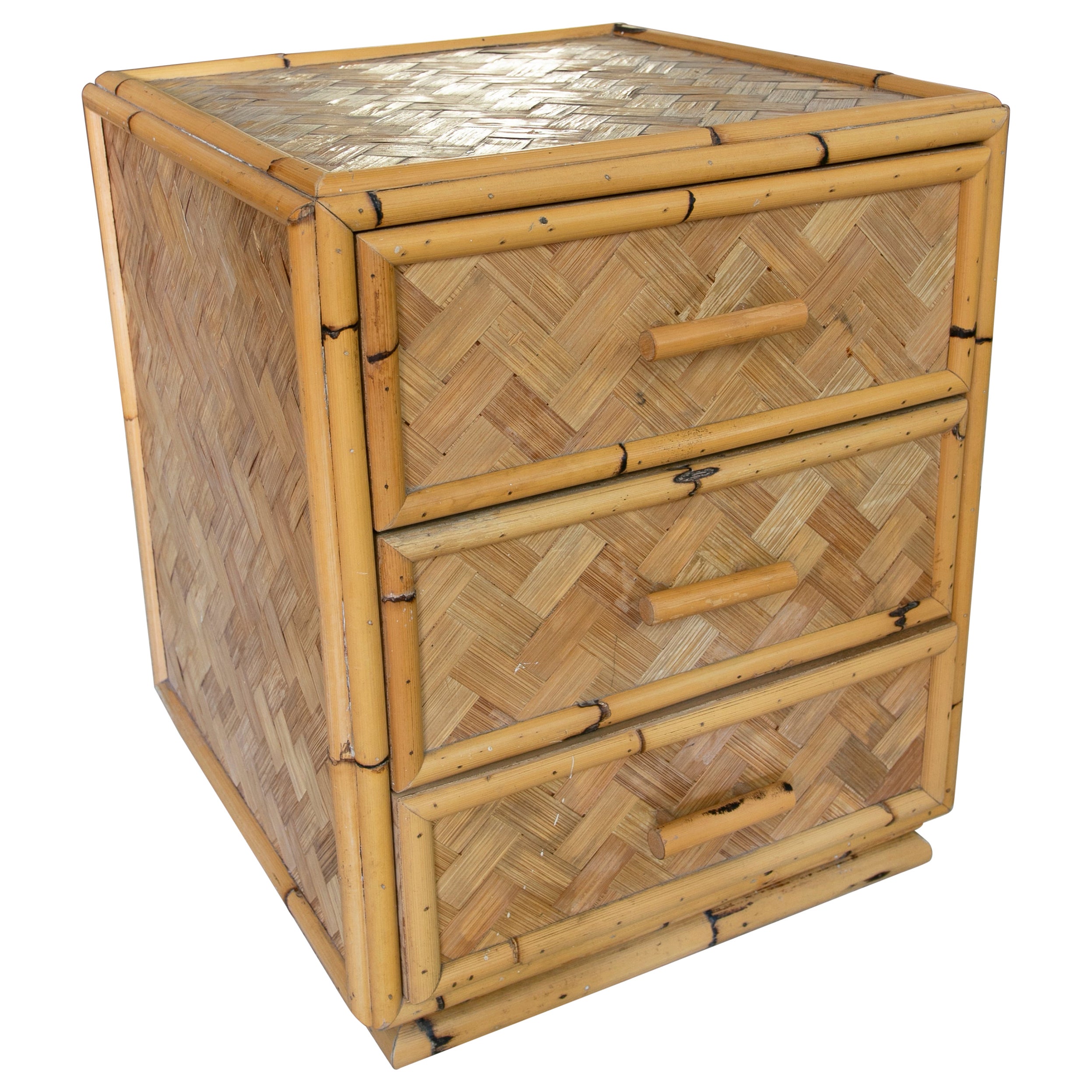 1970s Spanish Bamboo Sidetable with Three Drawers For Sale