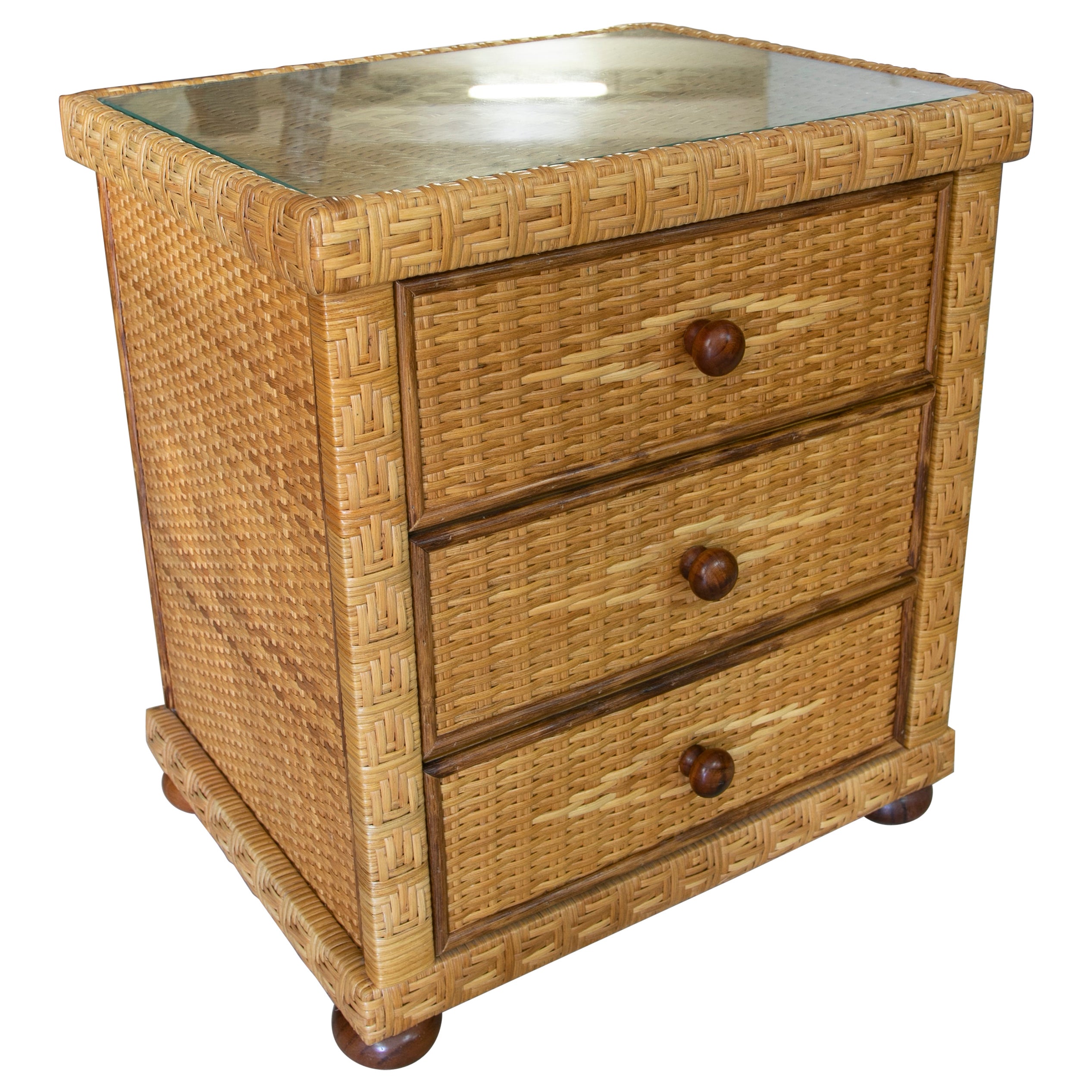 1980s Handmade Wicker Sidetable with Three Drawers For Sale