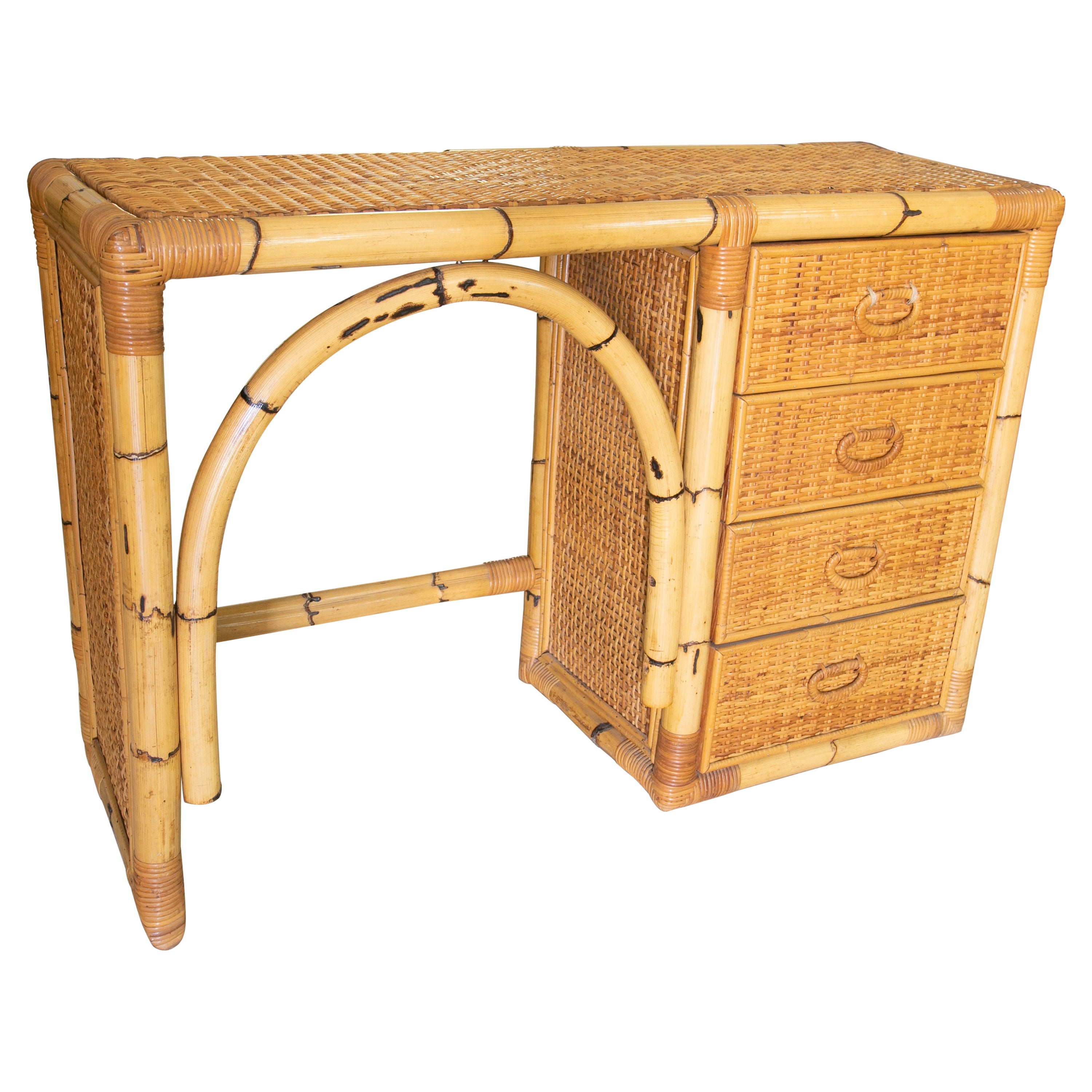 1970s Spanish Desk Made of Bamboo and Wicker with Four Drawers For Sale