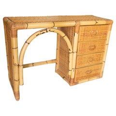 1970s Spanish Desk Made of Bamboo and Wicker with Four Drawers