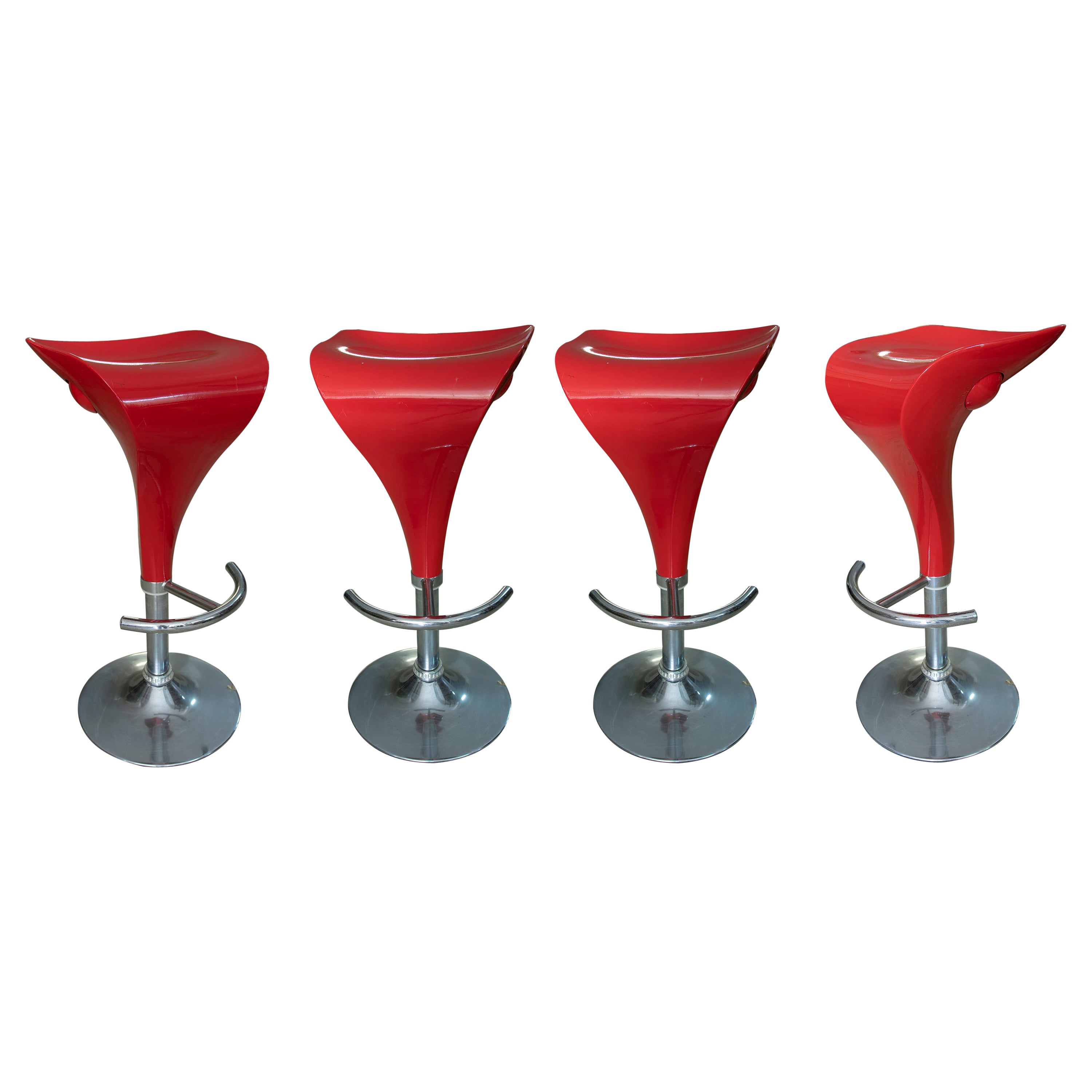 Four Red Stools Set Without Backrest Made in Resine and Steel For Sale