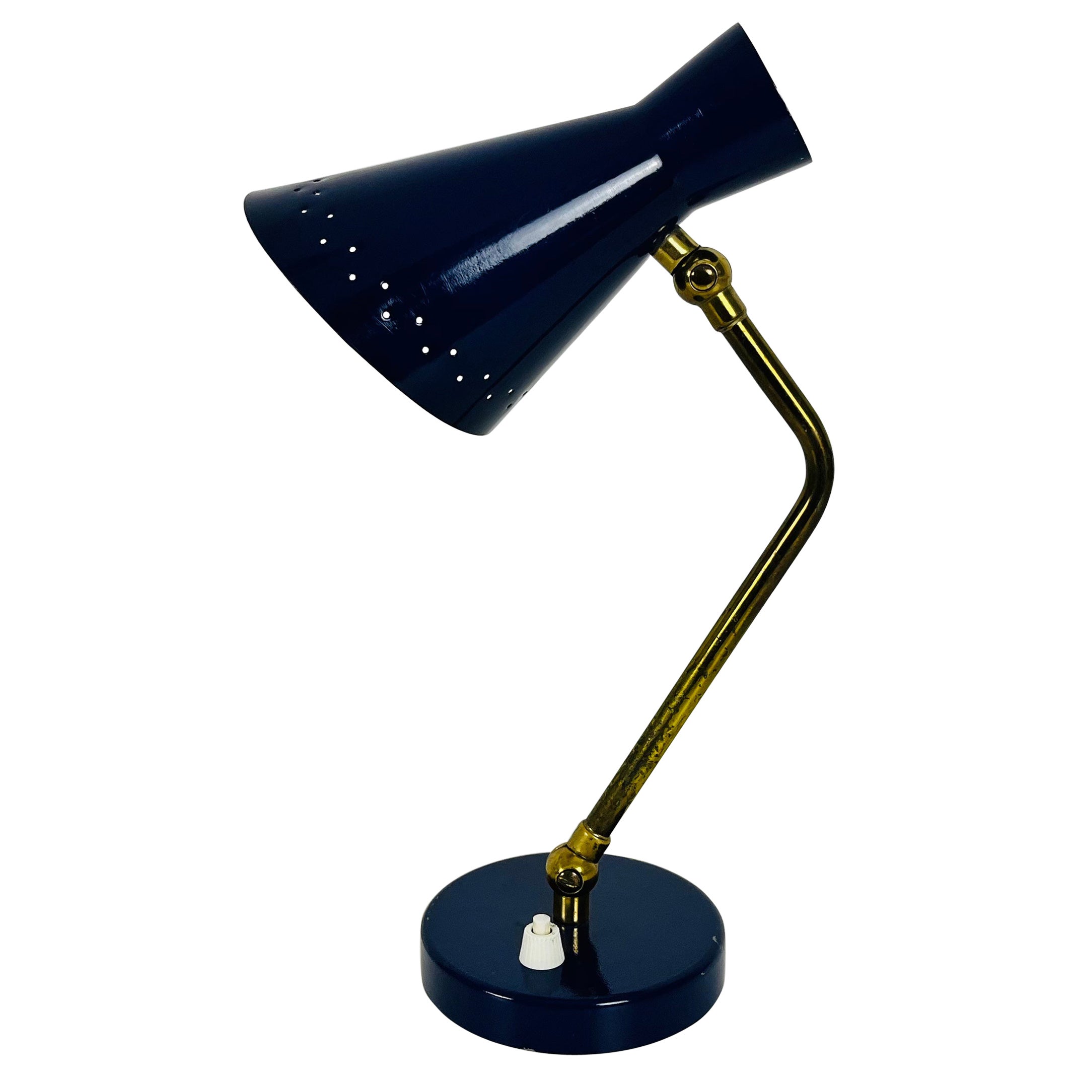 Italian Stilnovo Blue and Brass Table Lamp, 1960s, Italy For Sale