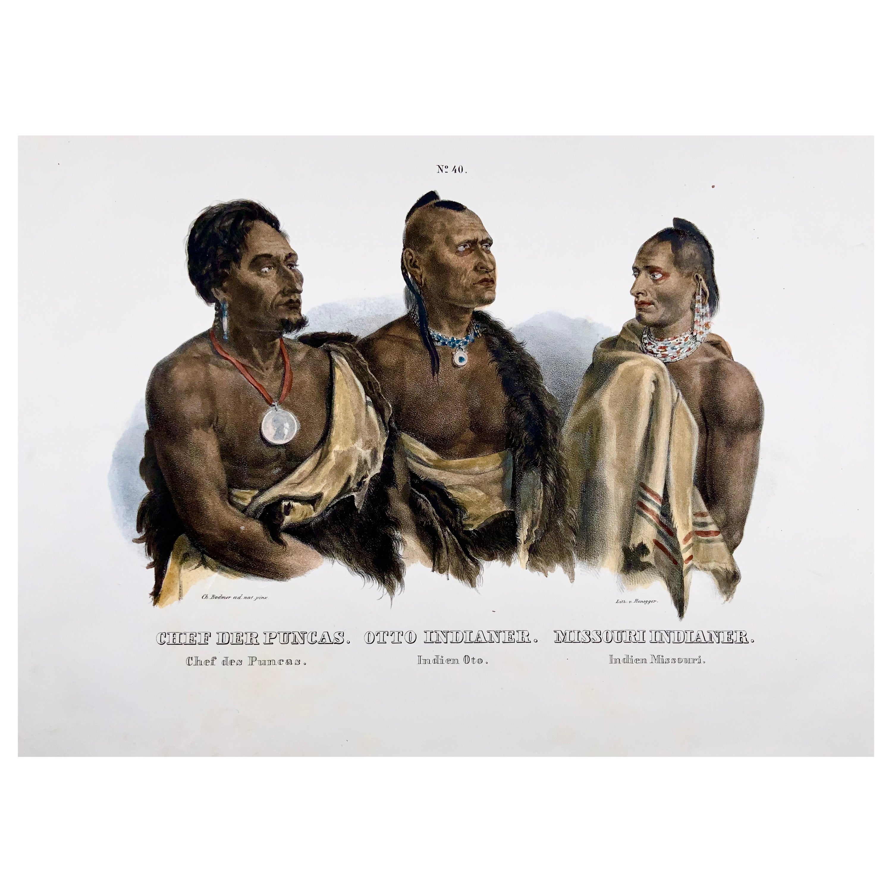 Bodmer Native Americans, Oto Missouri Puncas, Folio Handcolored Stone Lithograph
