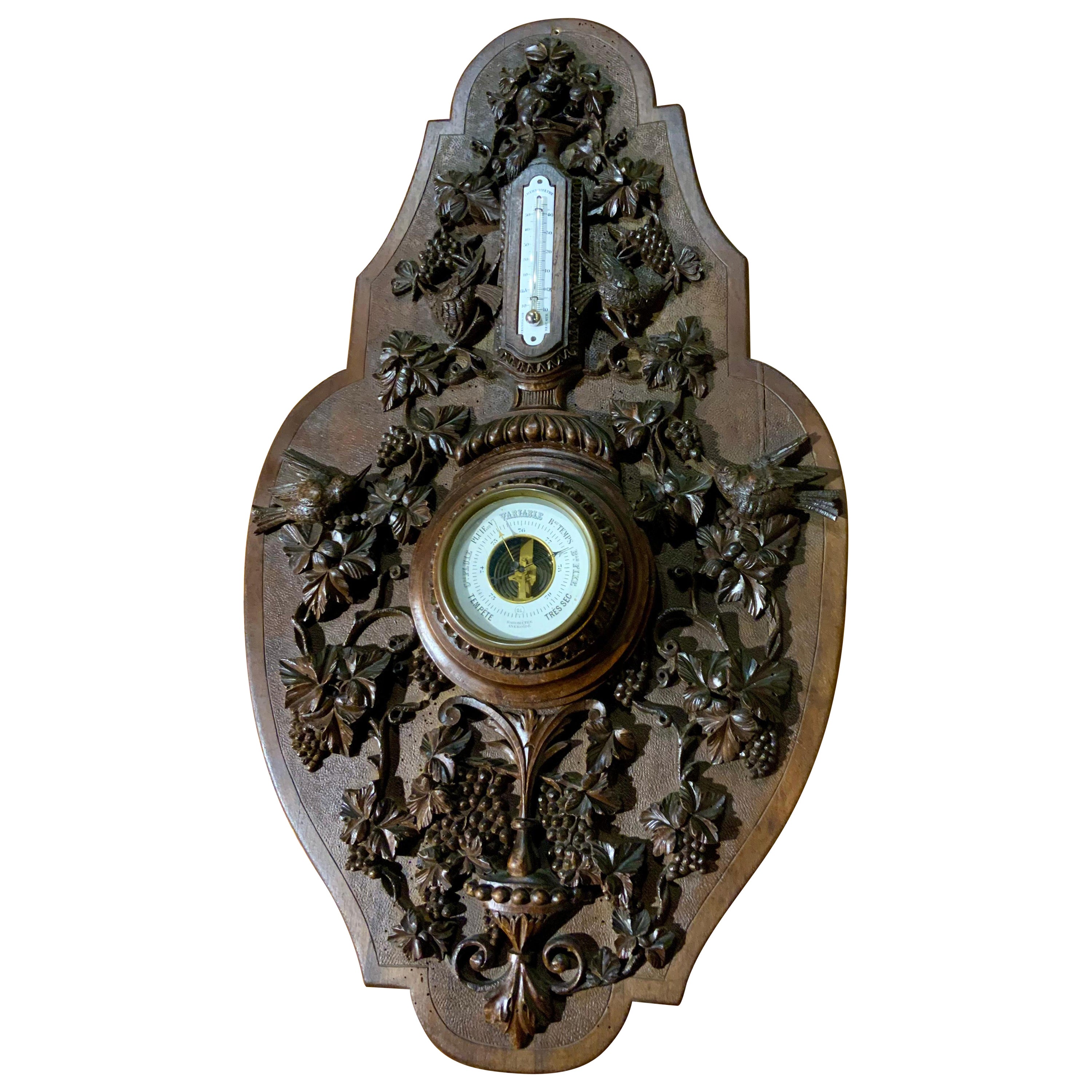 Antique Black Forest barometer with humming birds and grapes hand carved For Sale
