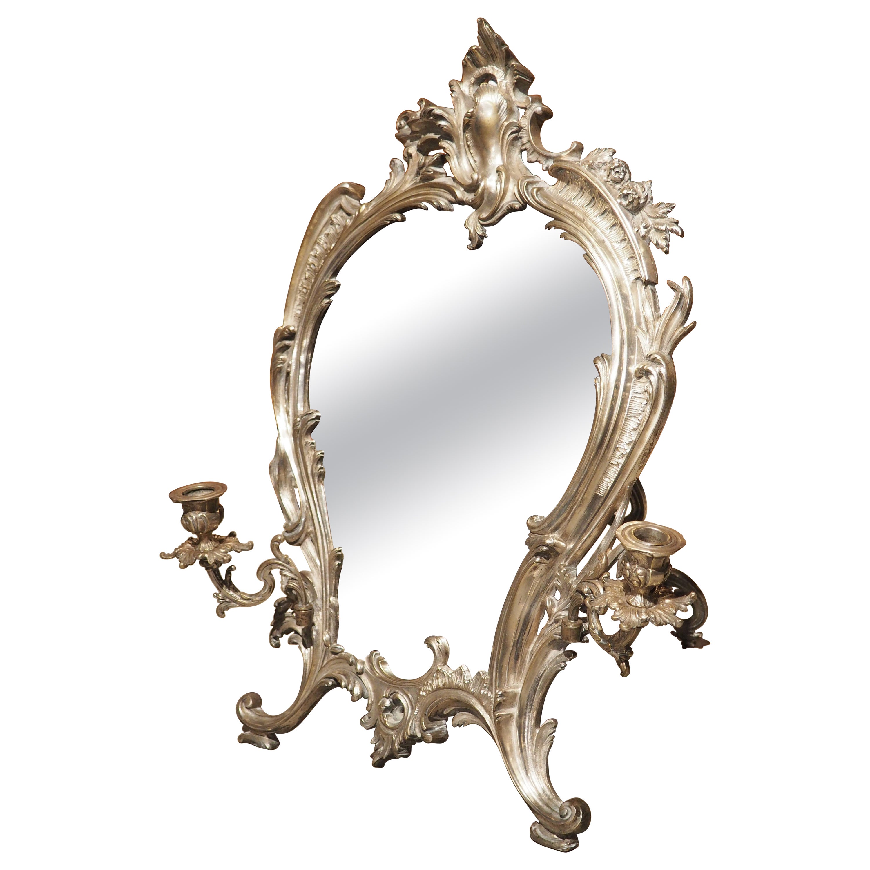 Miroir de table ancien français en bronze argenté avec porte-bougies, vers 1850